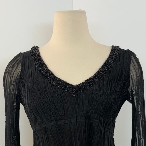 Komarov Beaded Neck Long-Sleeve Tunic Top Crinkled Sheer Fabric Black | Small - Picture 3 of 12